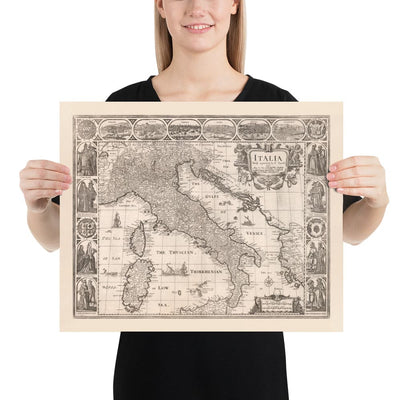 Alte monochrome Karte von Italien, 1627 von John Speed ​​- Korsika, Sardinien, Sizilien, Venedig, Rom, der Papst