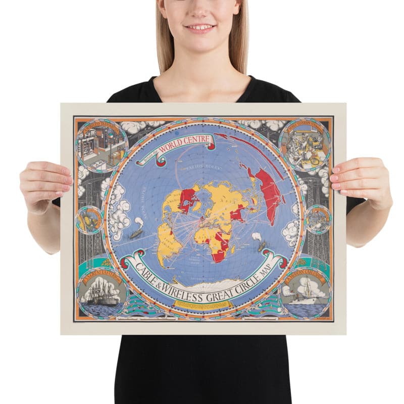 Alte Kabel- und Drahtlose-Großkreis-Karte, 1945 von Max Gill - Flache Erde Britisches Empire U-Boot-Netzwerkdiagramm 