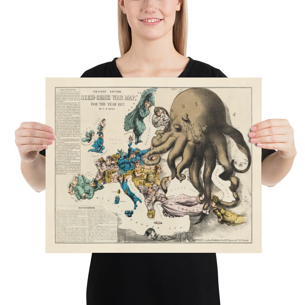 Old Satirical Map of Europe, 1877 by Fredrick Rose - 19th Century Propaganda Serio-Comic, Octopus Russian vs. Ottoman Empires