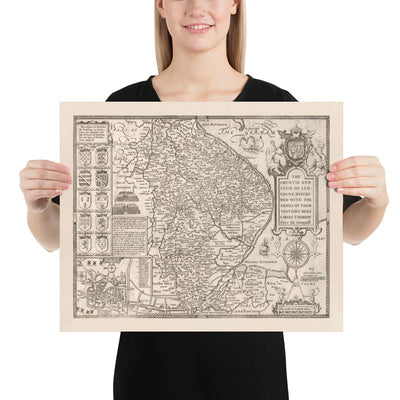 Vieille carte monochrome de Lincolnshire en 1611 à la vitesse - Lincoln, Grimsby, Grantham, Boston, Scunthorpe, East Midlands