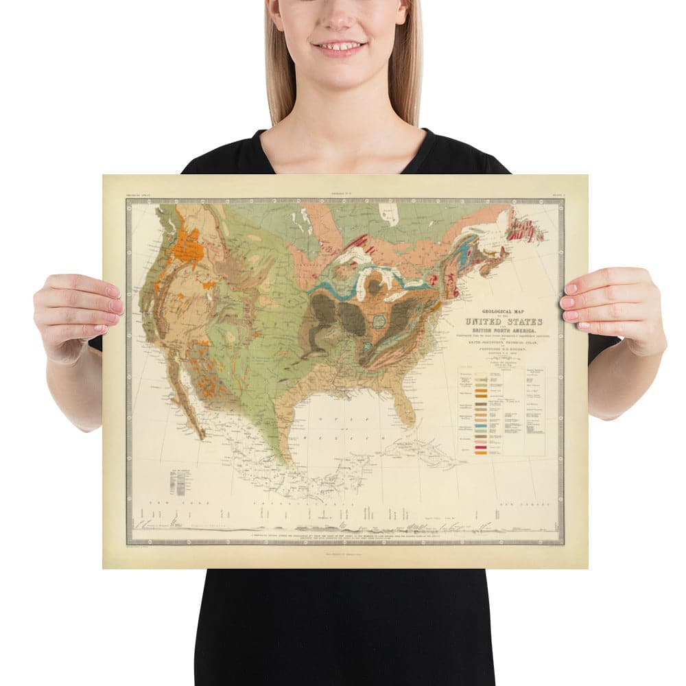 Antiguo mapa geológico de EE.UU. y Canadá por Rogers & Johnston, 1856 - Geological Chart of America