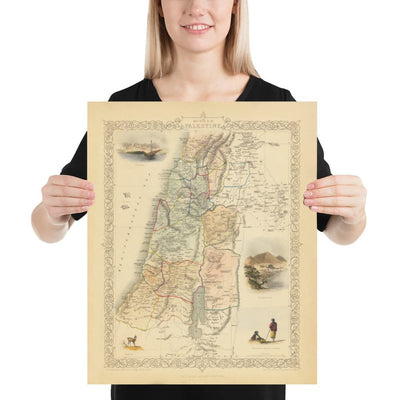 Mapa antiguo de Palestina en 1851 - Israel, Cisjordania, Gaza, Nazaret, Nablus, Haifa, Jerusalén