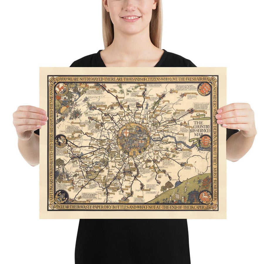 Vecchia mappa pittorica di Londra, sobborghi e cintura dei pendolari, 1928, di Max Gill - "Lontane sono le nostre linee di autobus" 