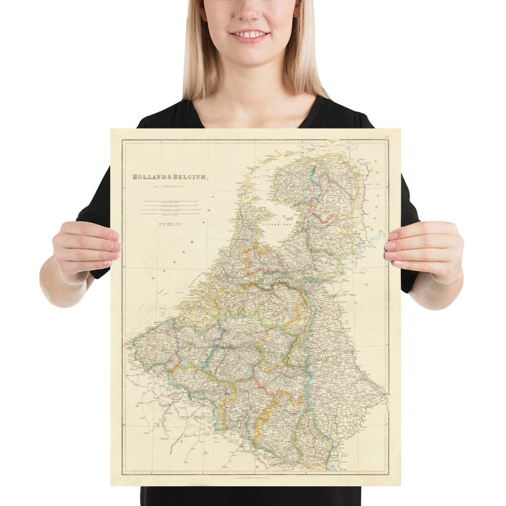 Mapa antiguo de Holanda y Bélgica, 1858 - Países Bajos, Flandes, Luxemburgo, Bruselas, Bruge, Amsterdam, Amberes