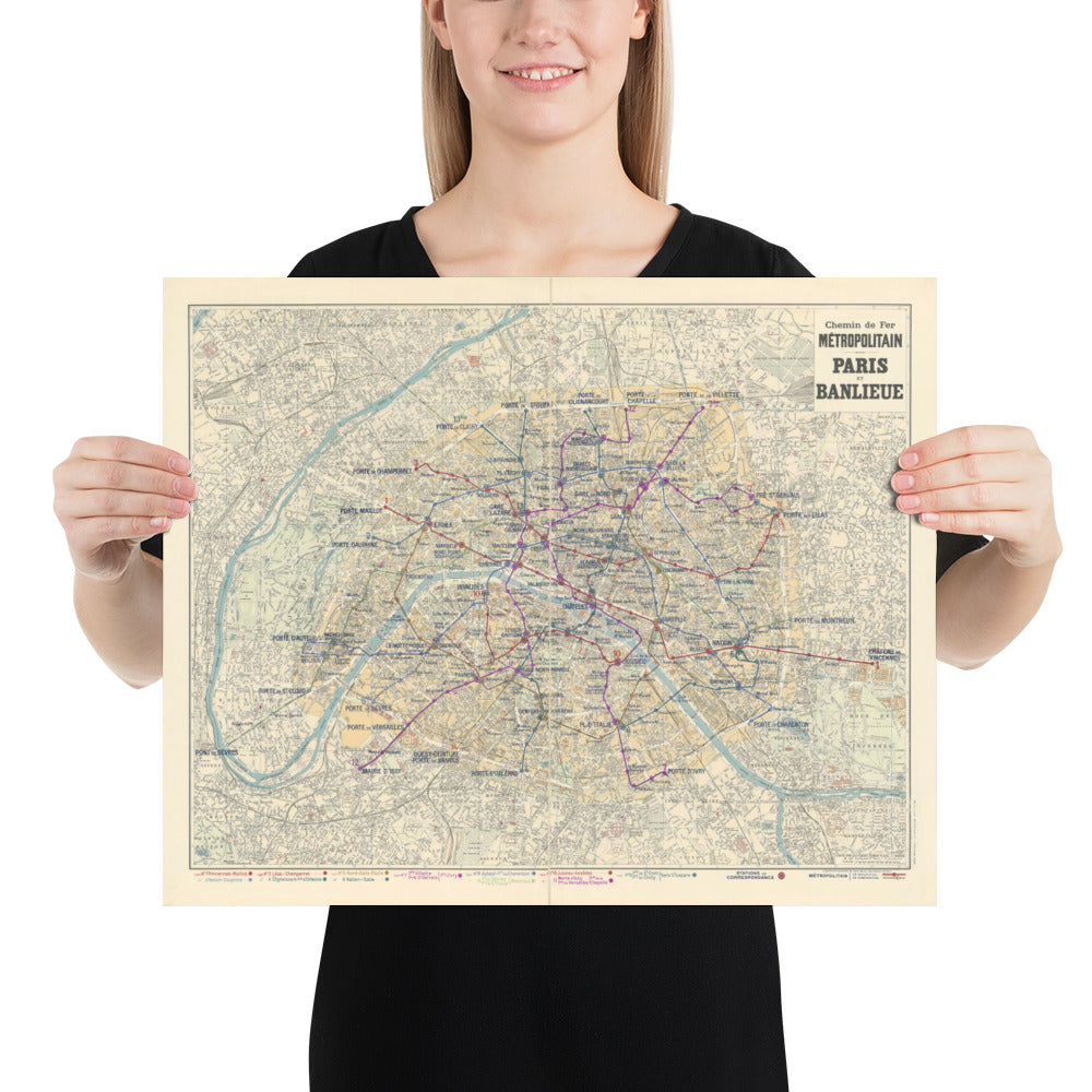 Alte Karte der Pariser Métro und Sehenswürdigkeiten, 1934 von Gaillac-Monrocq - 13 Linien, Arc de Triomphe, Stadtplan des 20.