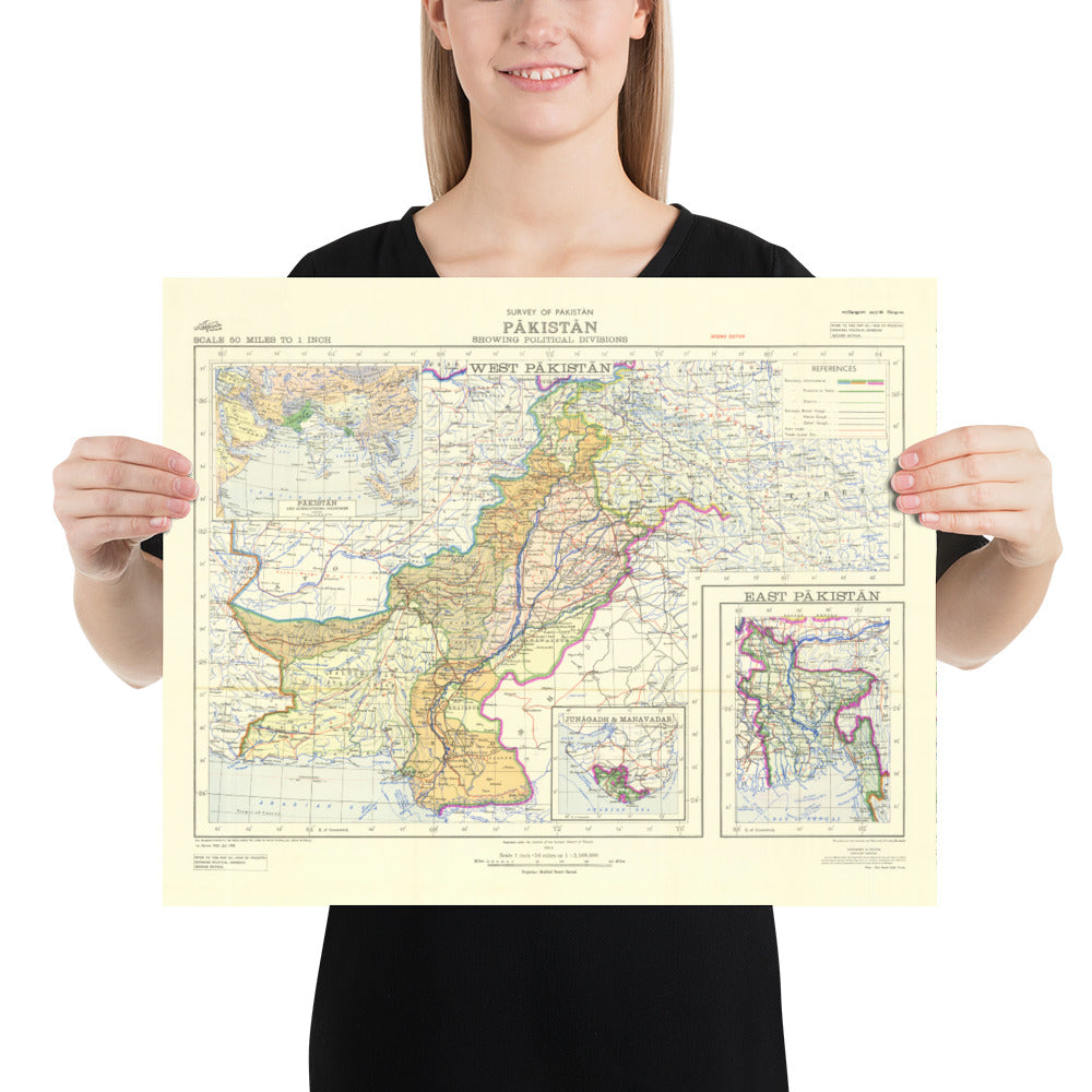 Première carte du Pakistan, 1953 - Ancienne carte de l'Ouest et de l'Est indépendants - Lahore, Bangladesh, Cachemire, Raj britannique