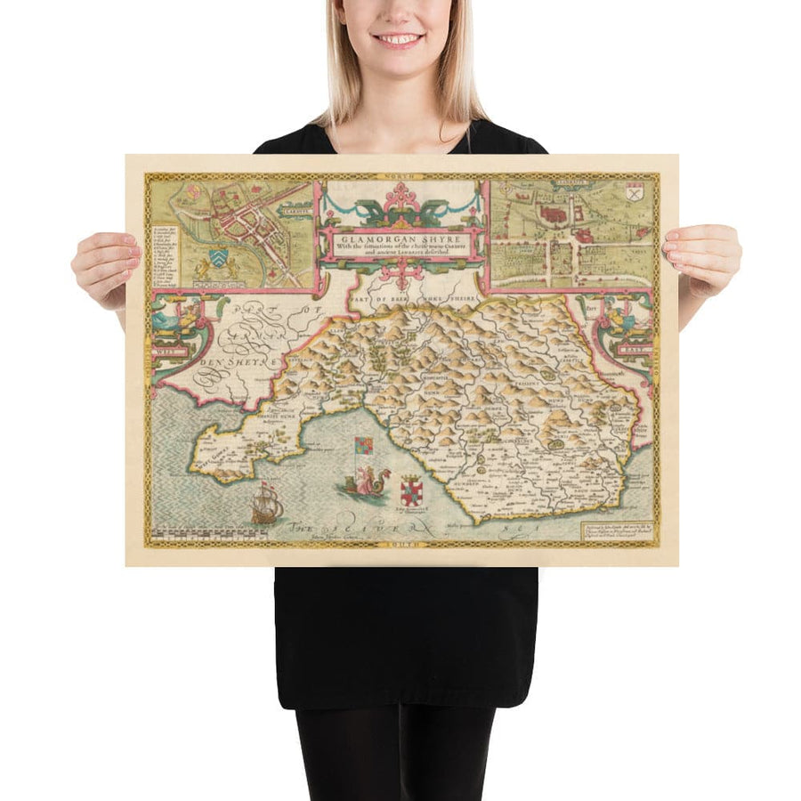 Ancienne carte de Glamorgan Galles, 1611 par John Speed ​​- Cardiff, Swansea, Bridgend, Port Talbot, Barry
