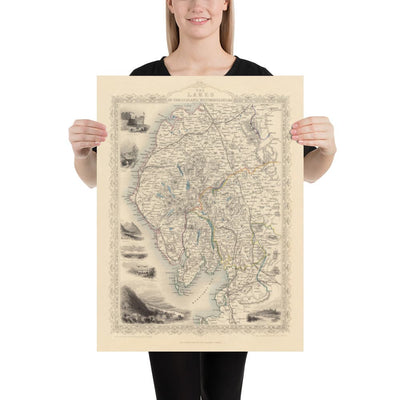 Viejo mapa de Lake District, 1851 por Tallis & Rapkin - Cumbria, Westmorland, Lancashire, Windermere, Lakeland