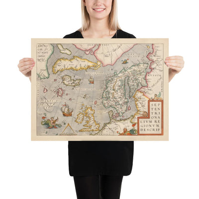 Ancienne Carte de la mer du Nord et de l'Atlantique, 1575 avec mythique Frisland par Abraham Ortelius - Scandinavie, Îles Britanniques, Islande, Groenland