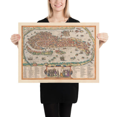 Très ancienne carte de Venise, 1572 par Georg Braun - Vénétiezia, Murano, Burano, Giudecca, Lagon vénitien