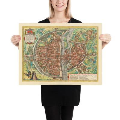 Ancienne carte de Paris, 1572 par Braun - Notre Dame, Sainte Chapelle, Bastille, Seine, Cathédrale, Murs de la ville