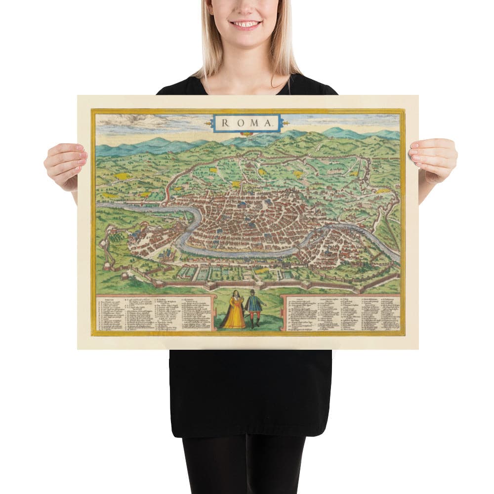 Alte Karte von Rom, 1572 von Braun - Vatikanstadt, Papstpalast, Forum, Pantheon, alte Ruinen, Kolosseum