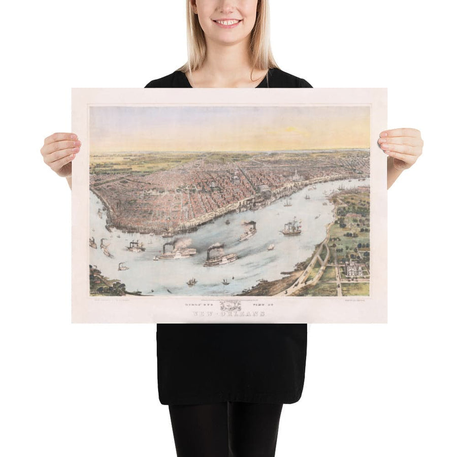 Vecchia mappa Birds Eye di New Orleans nel 1851 - Quartiere Francese, CBD, Treme, fiume Mississippi, Cattedrale di St Louis, Jackson Square 