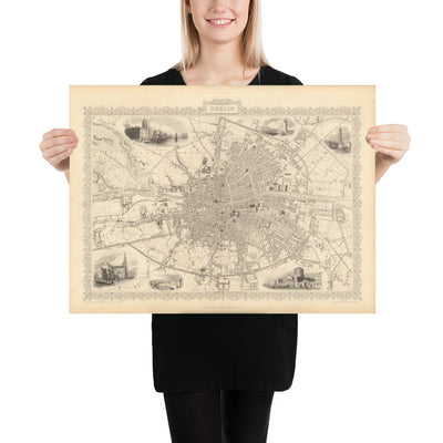 Old Map of Dublin, Ireland, 1851 by Tallis & Rapkin - Central, Temple Bar, Stoneybatter, Docklands, Liffey, Leinster