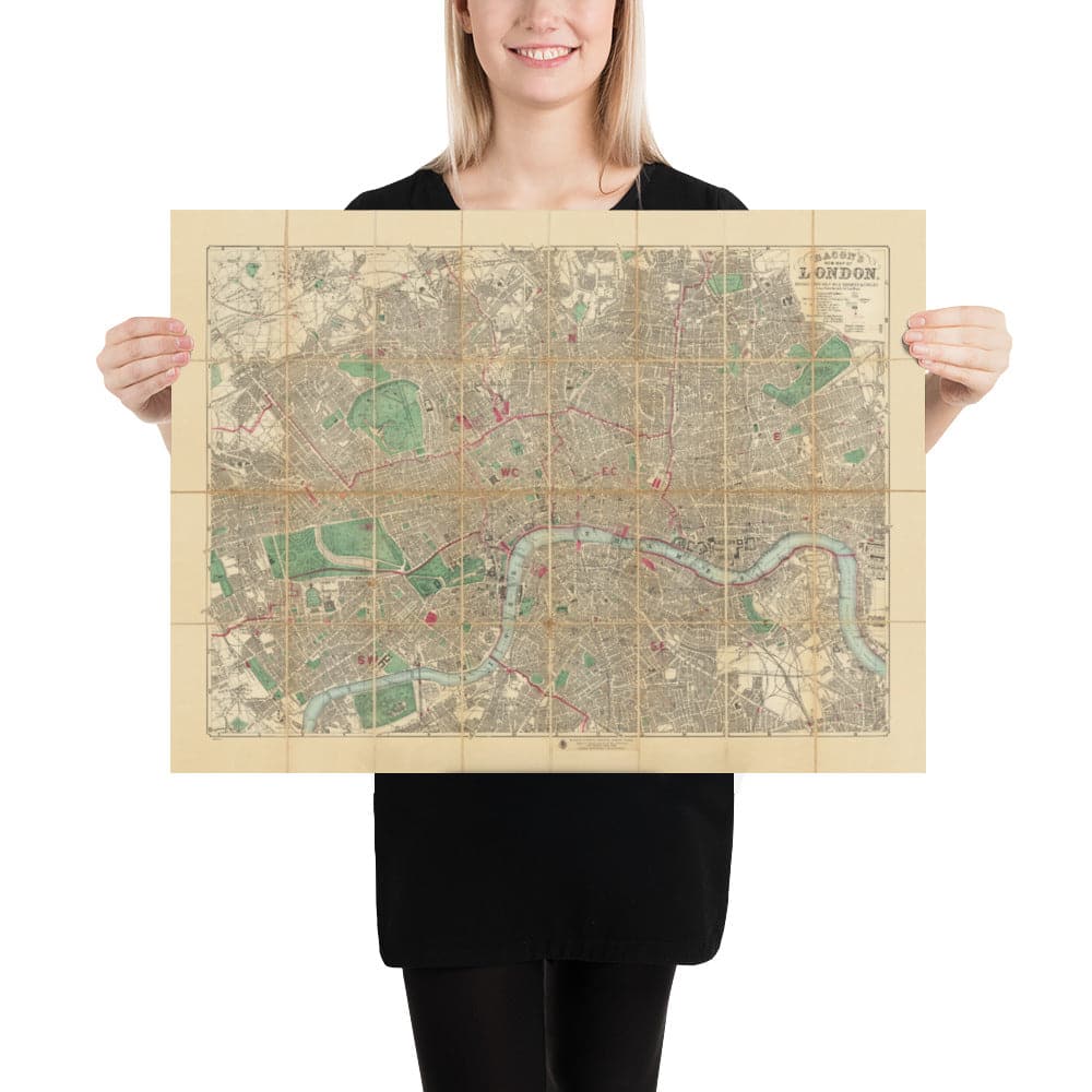 Große alte Karte von London von Bacon, 1890 - Seltene Faltwandkarte des viktorianischen Englands
