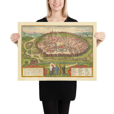 Alte Karte von Jerusalem, 1582 von Georg Braun - Jüdisch & Islam Alte Stadt, Tempelhalterung, Stadtmauern, Turm von David, Jaffa Gate