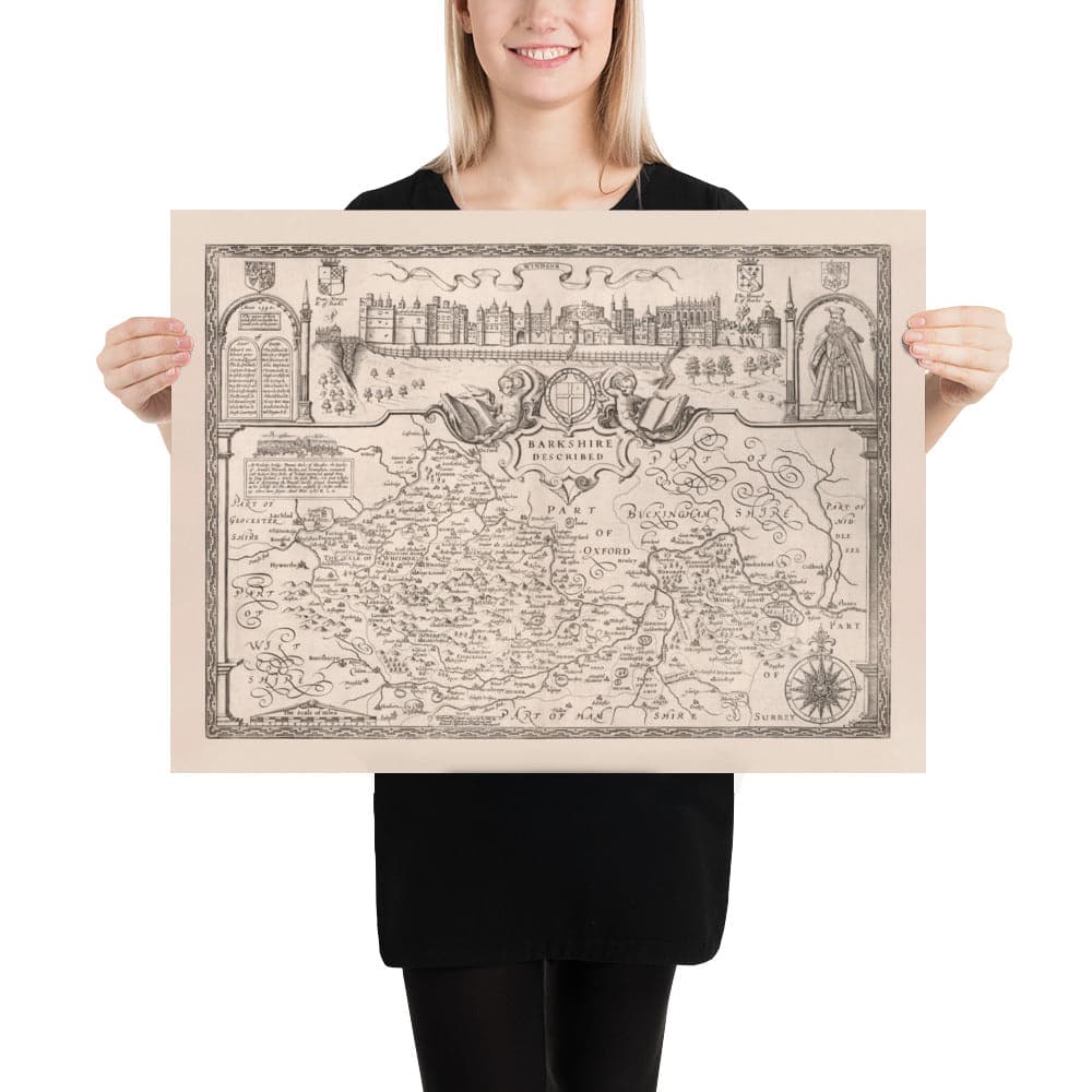 Mapa monocromo antiguo de Berkshire 1611 por John Speed ​​- Lectura, Slough, Bracknell, Maidenhead, Henley, Eton, Castillo de Windsor