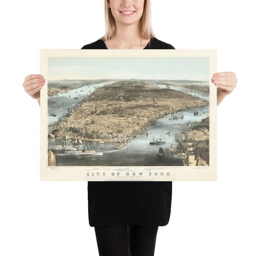 Vecchia mappa Birds Eye di New York City 1856 - Manhattan, Distretto Finanziario, Battery, Fiumi East e Hudson 