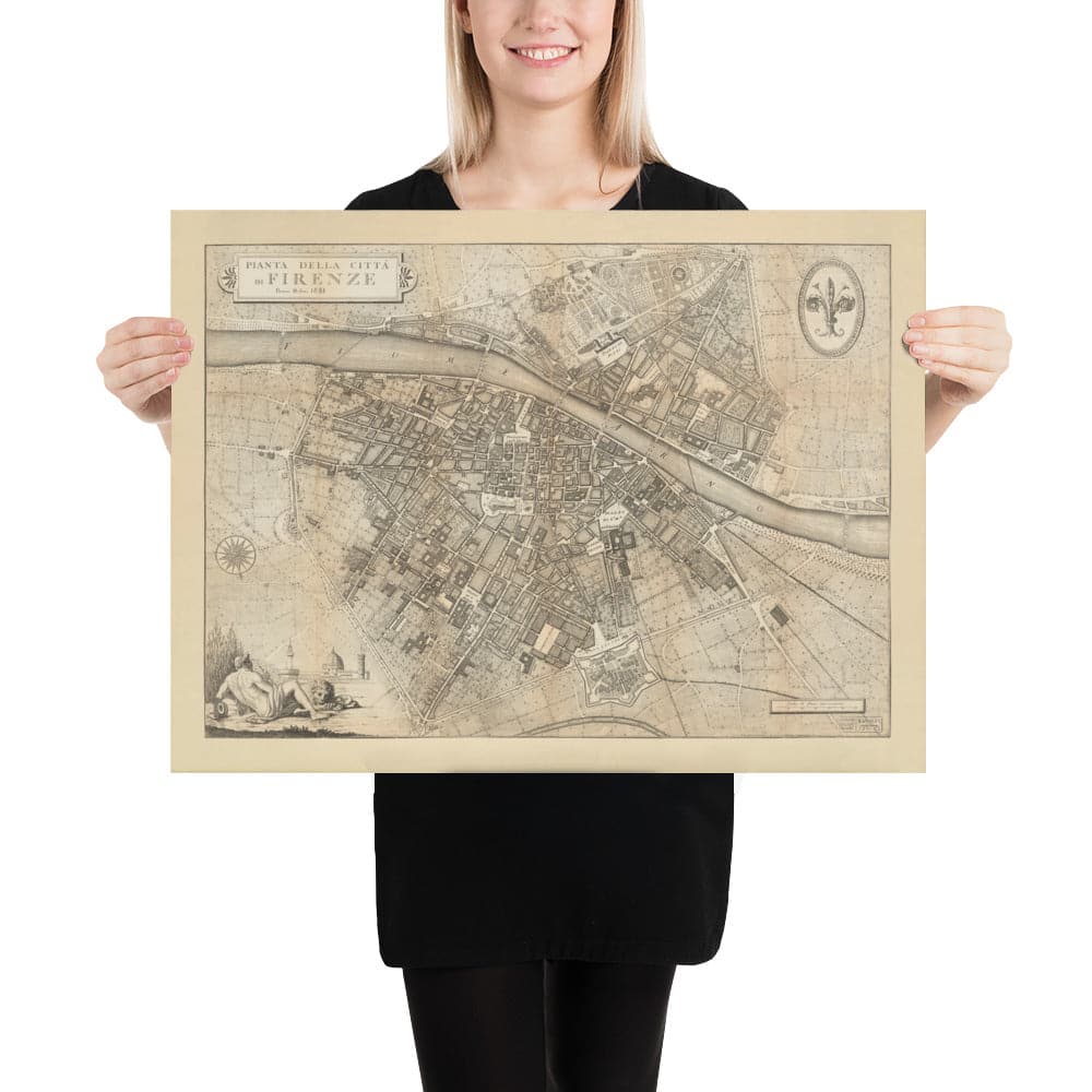 Carte ancienne de Florence, Firenze, 1847 par Molini & Ruggieri - Uffizi, Santa Croce, Santo Spirito, Duomo, Piazzas, Palazzos, Ponte Vecchio