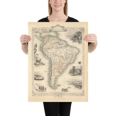 Mapa antiguo de América del Sur, 1851 por Tallis & Rapkin - Colonialismo portugués, Lavado de oro, Amazonas, Brasil, Colombia