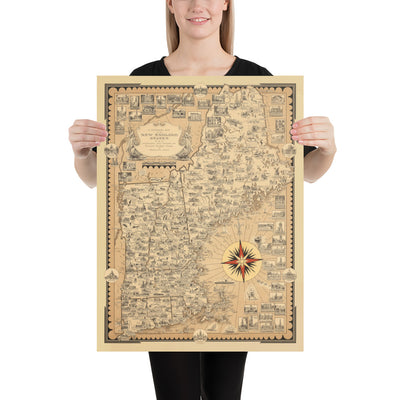 Antiguo mapa pictórico de Nueva Inglaterra, Estados Unidos, 1939 por Ernest Dudley Chase - Maine, Vermont, New Hampshire, Massachusetts, Connecticut, Rhode Island