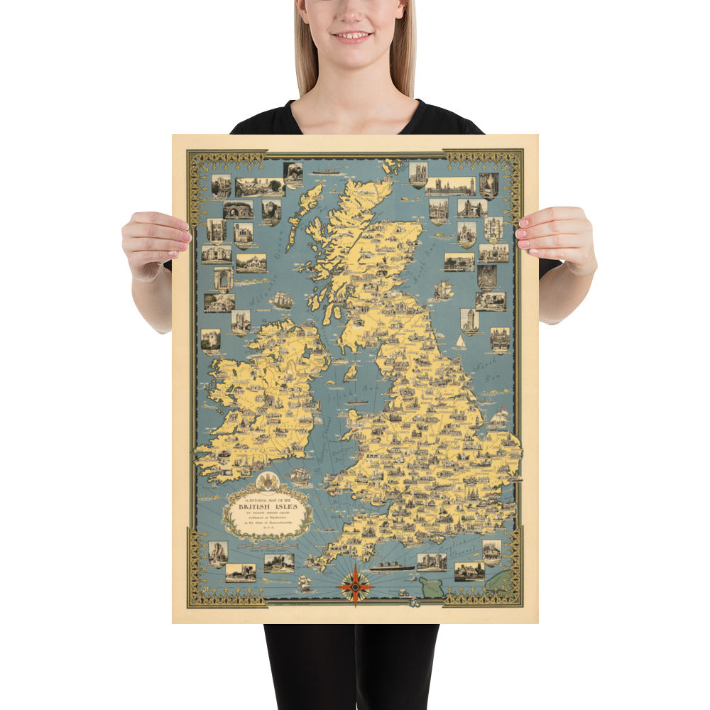 Ancienne carte picturale des îles britanniques, 1939 par Ernest Dudley Chase - Points de repère illustrés, villes, cinq nations