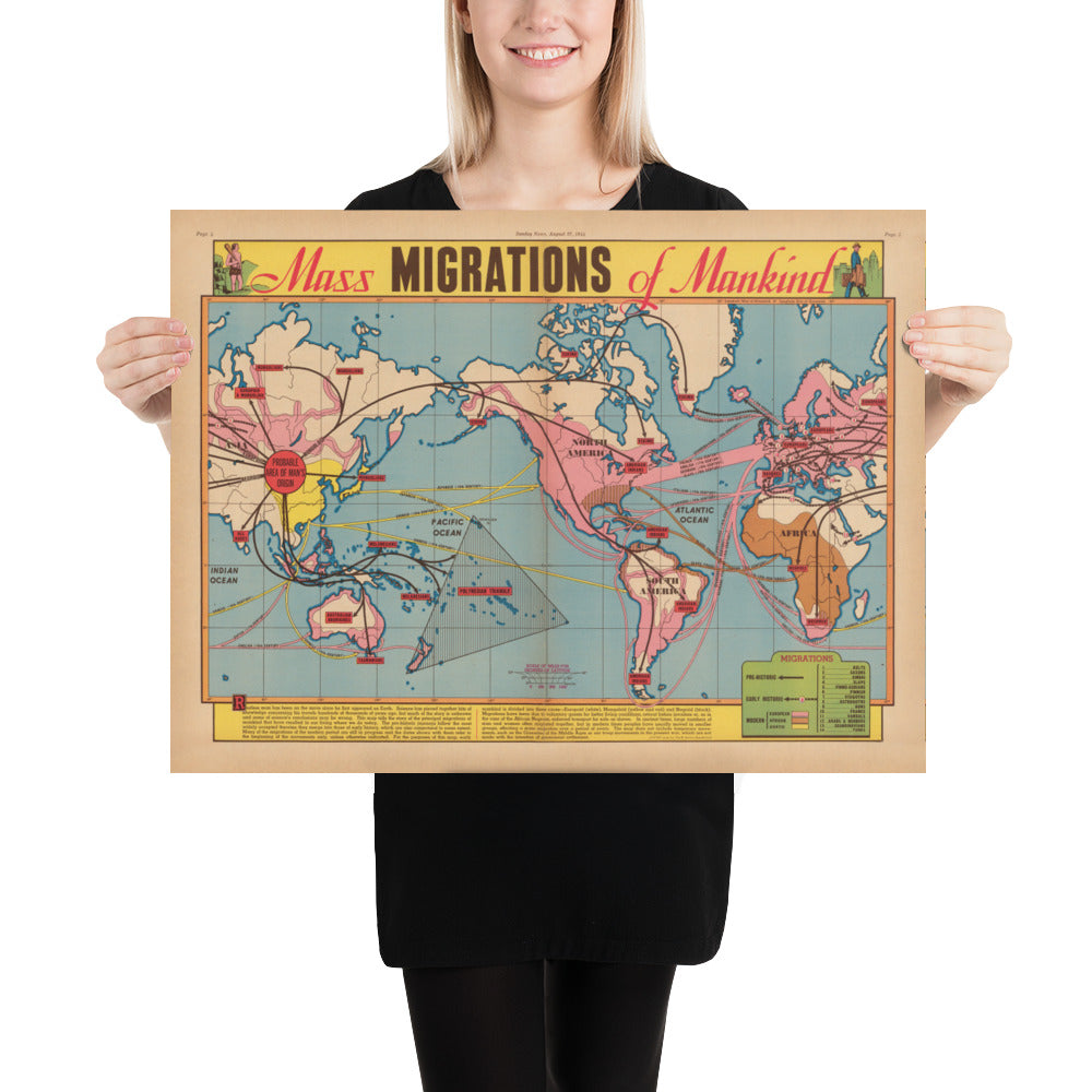 Old Map of Mass Migrations of Mankind, 1944 by Edwin Sundberg - Out of ...