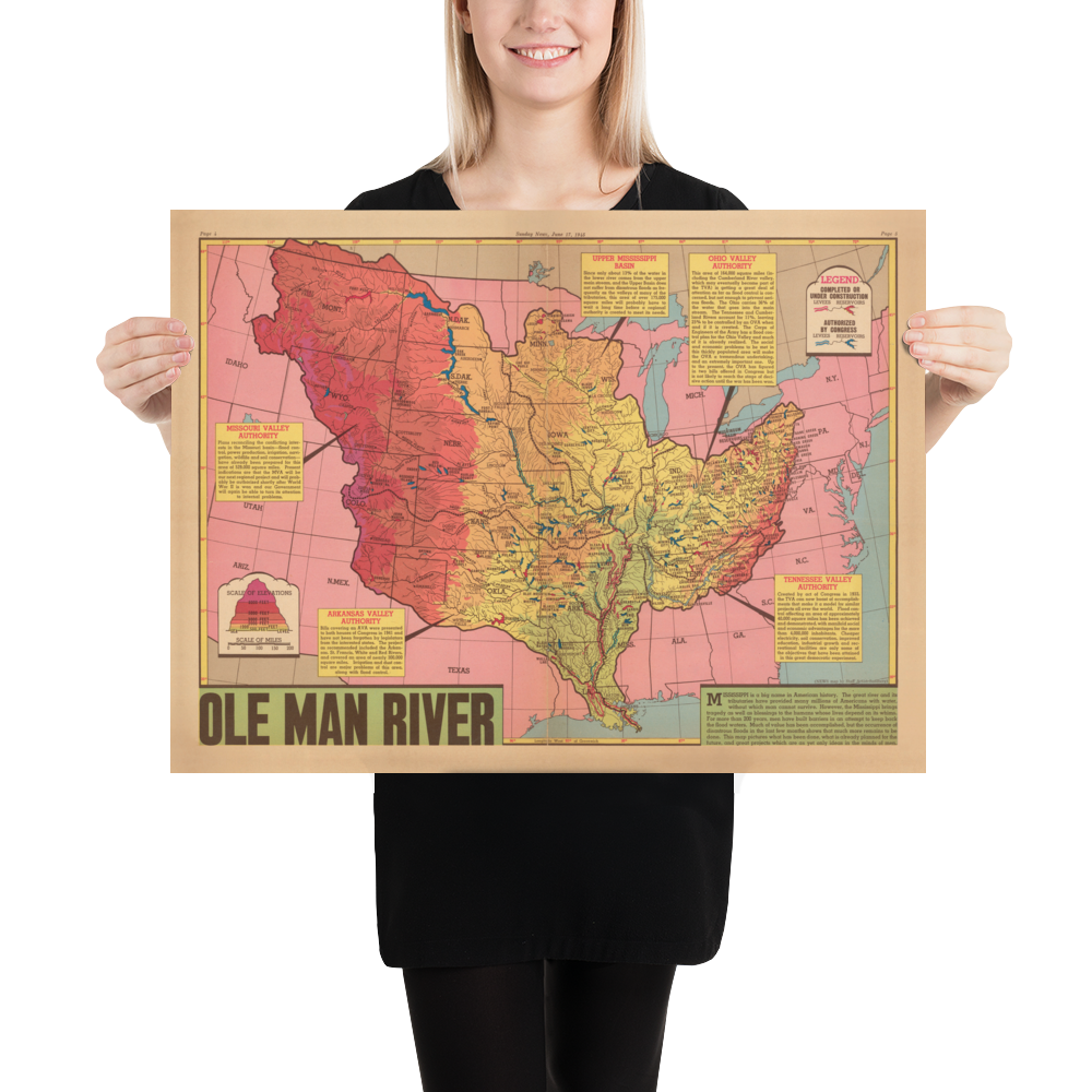 Alte Karte des Mississippi-Flussgebiets, 1945 - "Ole Man River" - Nachbarstaaten, Hochwasserschutz, Golf von Mexiko