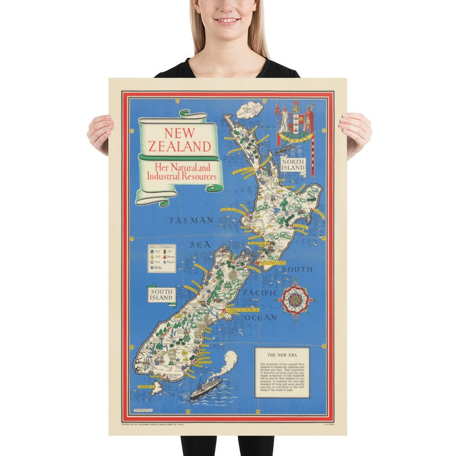 Viejo mapa de Nueva Zelanda, 1943 por Max Gill - Mapa de la Segunda Guerra Mundial del Imperio Británico colonial 2