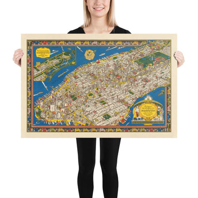 Old Pictorial Map of Manhattan, New York City, 1928 by Farrow - Washington Heights, Bridges