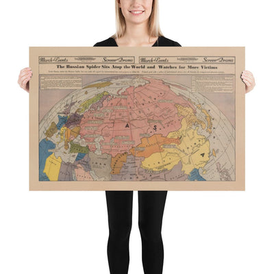 Mapa del cartel de la Propaganda Anti URSS de la Guerra Mundial Mapa de Europa y Asia: la araña soviética se sienta encima del mundo