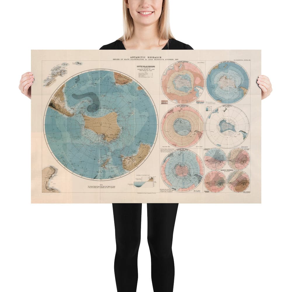 Alte Antarktis-Forschungskarte, 1894 - Geographieatlas und Explorer-Karte des Südpols