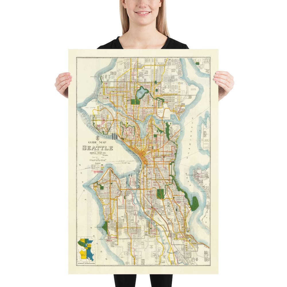 Mapa antiguo raro de Seattle, Washington, 1929 - Downtown, Lagos, Puget, Canales, Isla Mercer