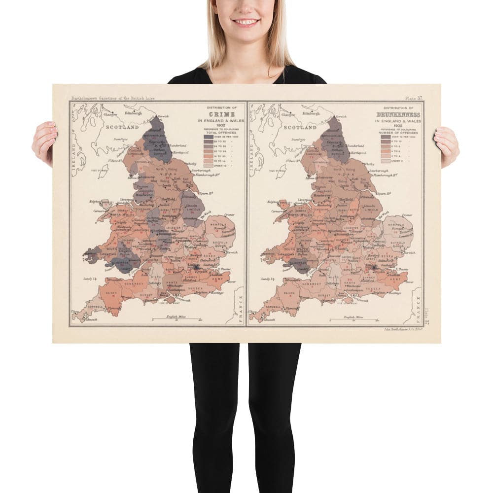 Ancienne Carte du crime et de l'ivresse en Angleterre et au Pays de Galles, 1904 - Grande-Bretagne 1901 Recensement et démographie
