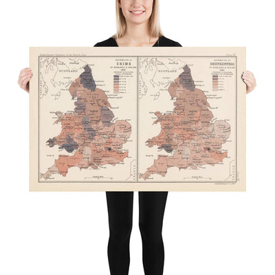 Mapa antiguo del crimen y la embriaguez en Inglaterra y Gales, 1904 - Gran Bretaña 1901 Censo y demografía