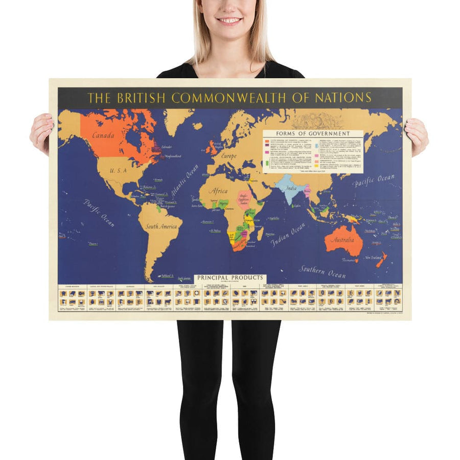 Alte Weltkarte des Britischen Commonwealth of Nations, 1942 - Britisches Empire, UK, Kanada, Australien, Dominions, Indien, Afrika 