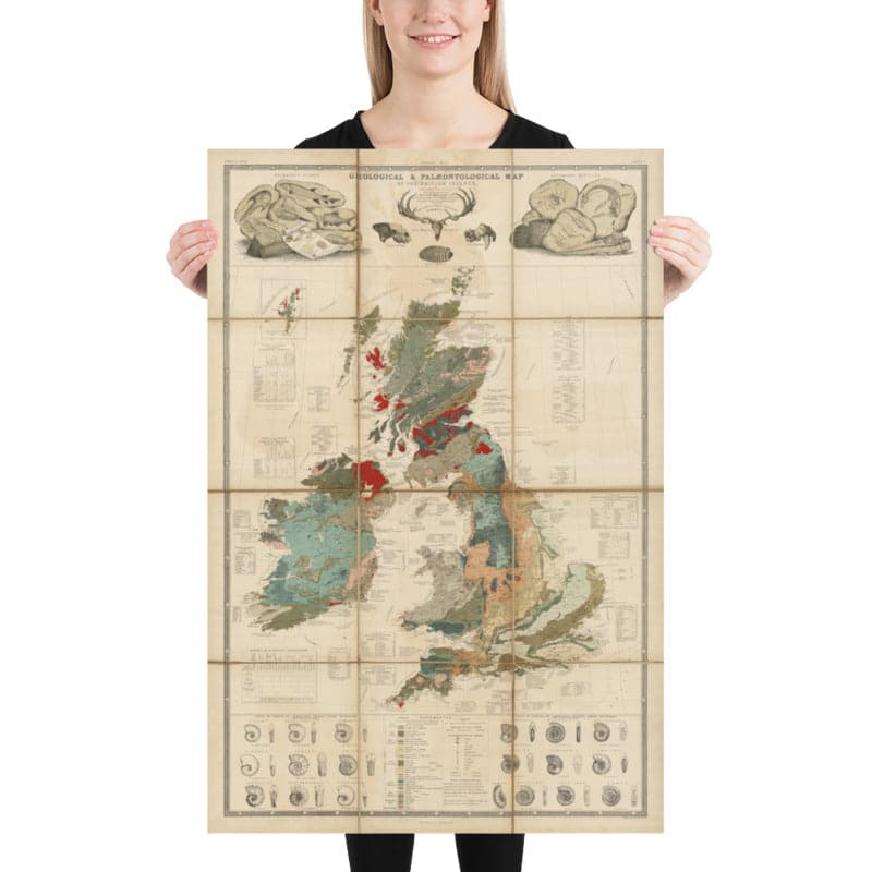 Ancienne carte géologique et fossile des îles britanniques, 1854, par A.K. Johnston et Edward Forbes - Royaume-Uni, Écosse, Irlande, Paléontologie