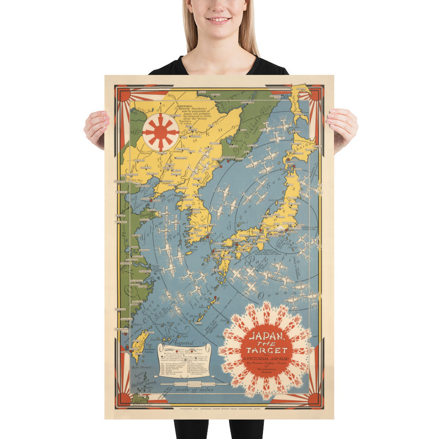 Mapa pictórico de la Segunda Guerra Mundial "Japón el objetivo", 1942 por Ernest Dudley Chase - Gráfico de bombardeo antiguo de la WW2 ilustrado - China, Japón, Corea 