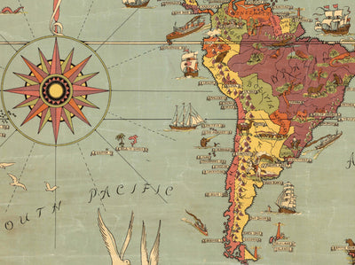 Alte Mercator-Weltkarte von 1931 von Ernest Dudley Chase - Mythische Monster, Pyramiden, Wahrzeichen