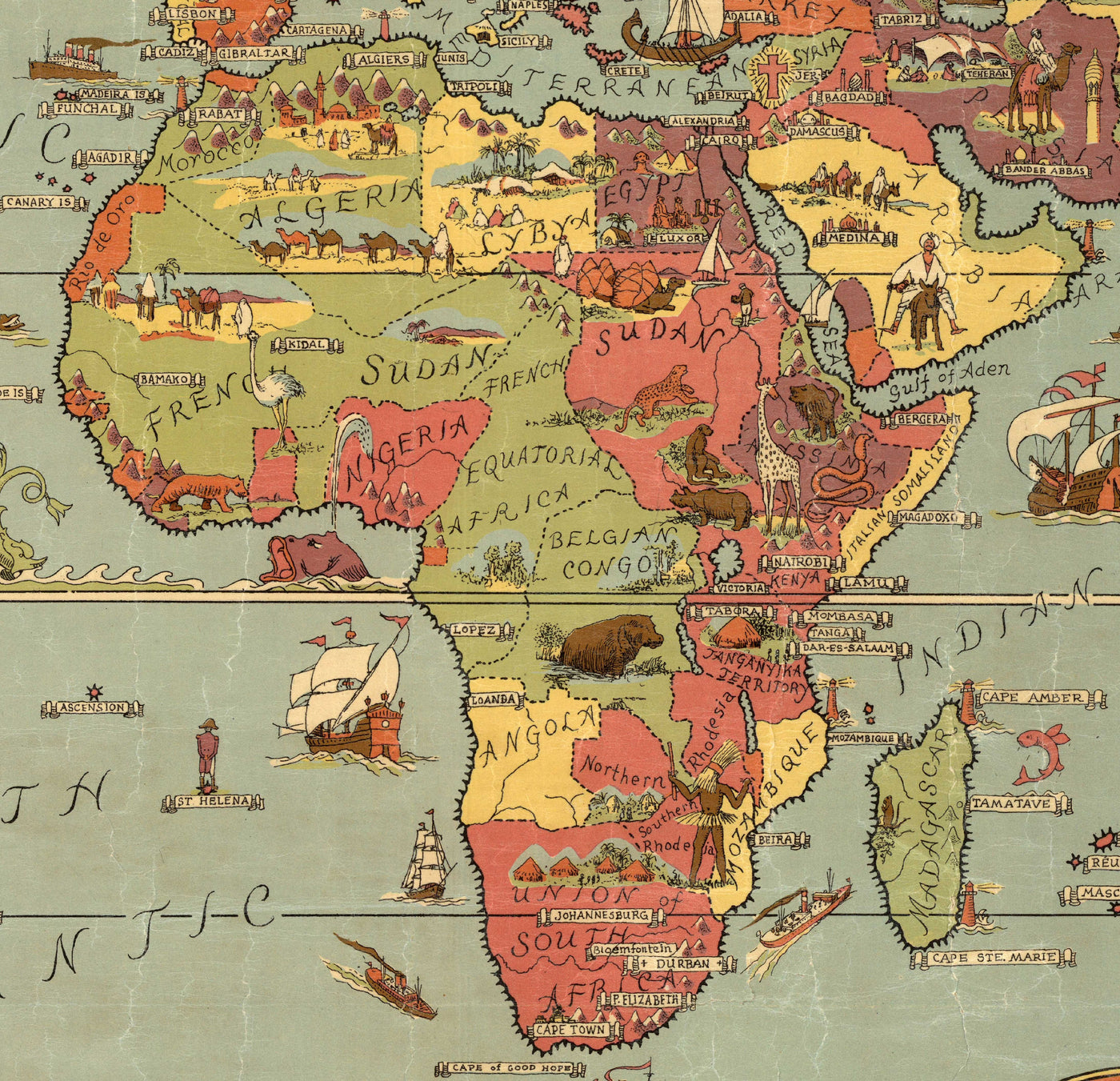 Antiguo mapa Mercator del mundo en 1931 por Ernest Dudley Chase - Monstruos míticos, pirámides, lugares emblemáticos