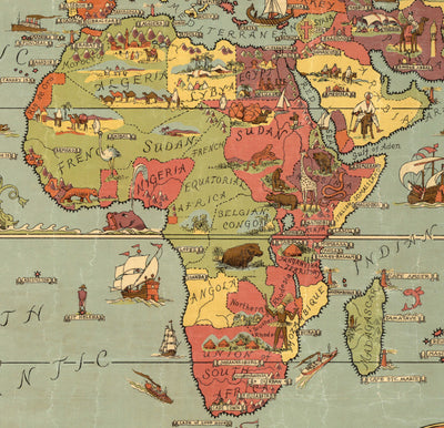 Ancienne carte Mercator du monde en 1931 par Ernest Dudley Chase - Monstres mythiques, pyramides, points de repère