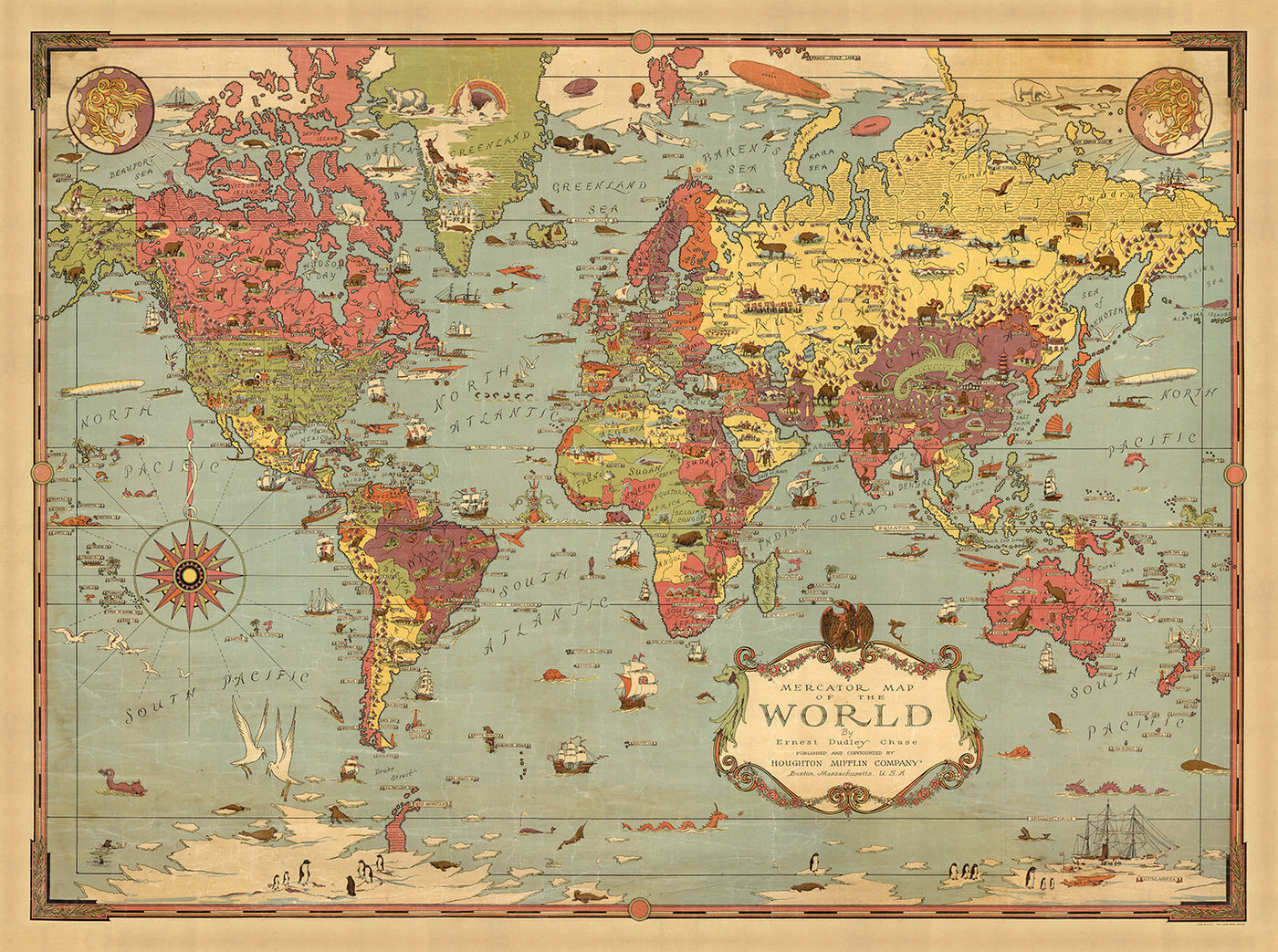 Antiguo mapa Mercator del mundo en 1931 por Ernest Dudley Chase - Monstruos míticos, pirámides, lugares emblemáticos