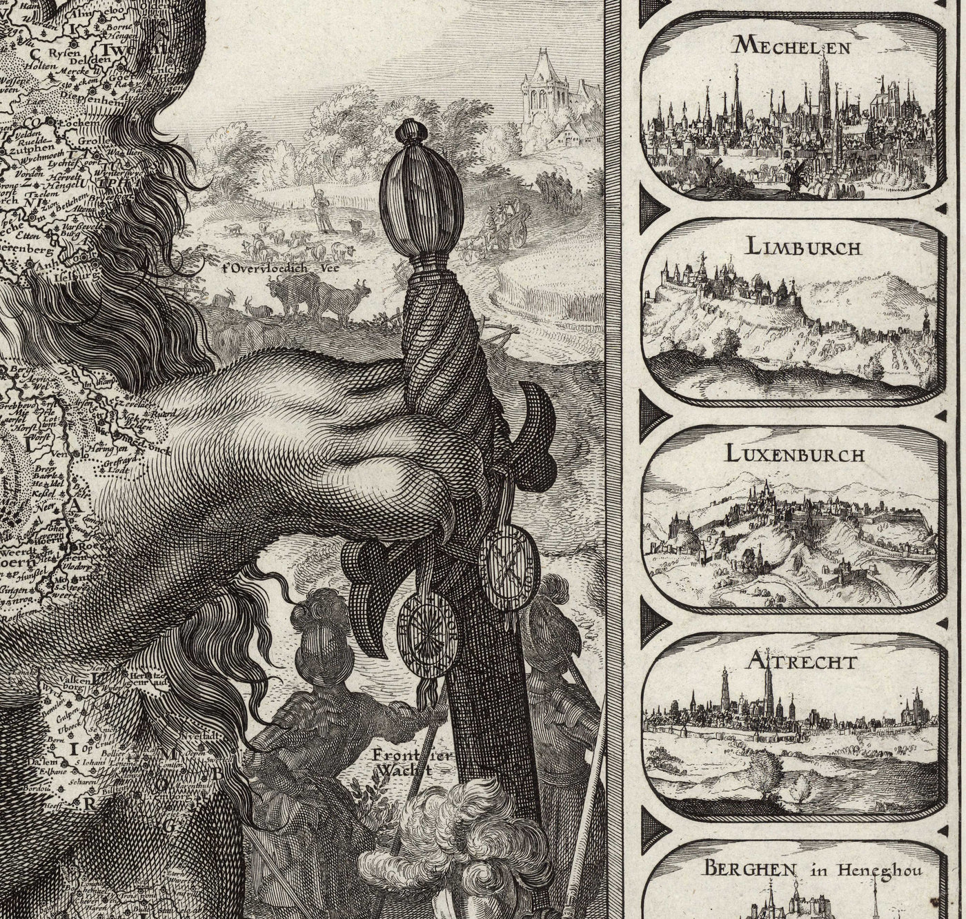 Ancienne carte Leo Belgicus des Pays-Bas en 1611 par C. Janszoon Visscher - Pays-Bas, Belgique, Bruxelles, Amsterdam, Genk