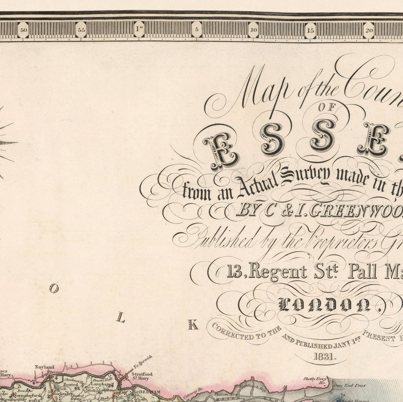 Mapa antiguo de Essex, 1831 por Greenwood & Co. - Southend, Colchester, Chelmsford, Romford, Dagenham, Brentwood, Basildon