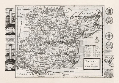 Ancienne carte d'Essex 1724, par Herman Moll - Southend, Colchester, Chelmsford, Basildon, Romford