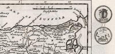 Old Map of Essex 1724, by Herman Moll - Southend, Colchester, Chelmsford, Basildon, Romford