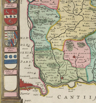 Ancienne carte de l'Essex, 1665 par Joan Blaeu - Southend, Colchester, Chelmsford, Basildon, Romford, Braintree, North London