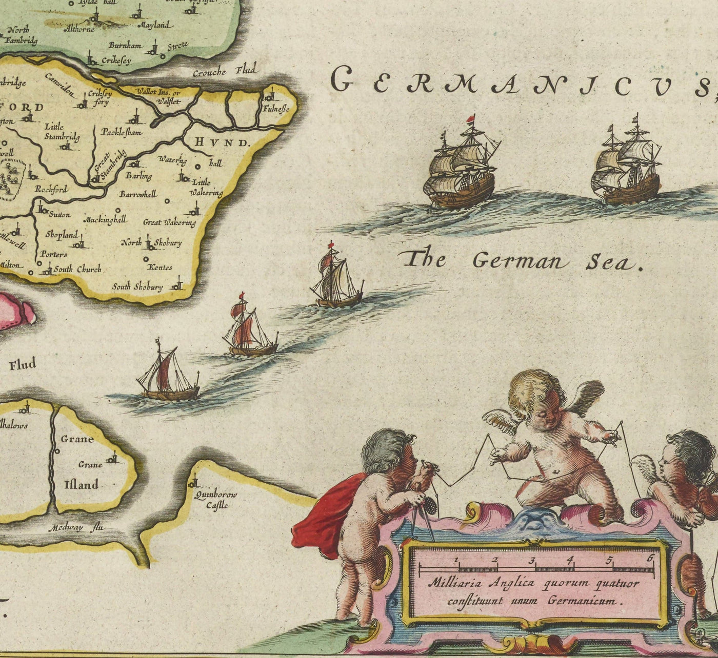 Alte Karte von Essex, 1665 von Joan Blaeu - Southend, Colchester, Chelmsford, Basildon, Romford, Braintree, North London