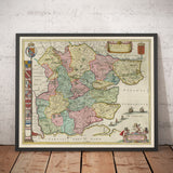 Alte Karte von Essex, 1665 von Joan Blaeu - Southend, Colchester, Chelmsford, Basildon, Romford, Braintree, Nord-London 