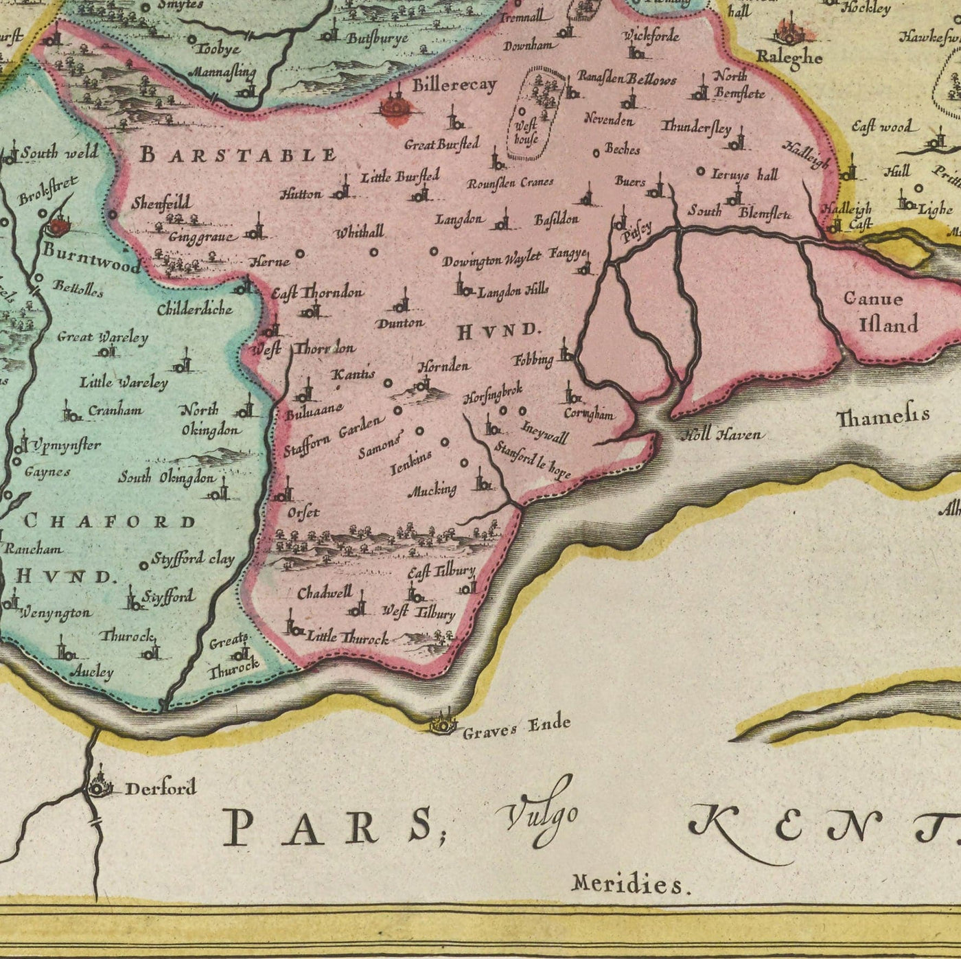 Mapa antiguo de Essex, 1665 por Joan Blaeu - Southend, Colchester, Chelmsford, Basildon, Romford, Braintree, Norte de Londres